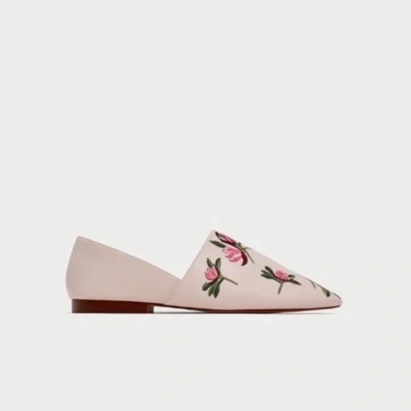ZARA Embroidered Floral Faux Vegan Leather Pink Flat Loafers Shoes - US 8 - Picture 5 of 10